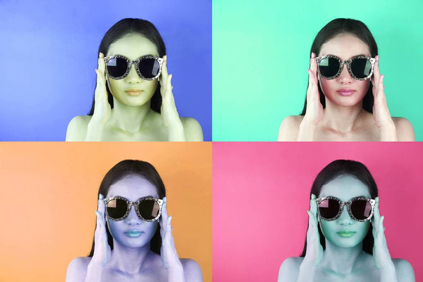 Picture of beautiful retro-styled woman in sunglasses on different background. - Photo, Image