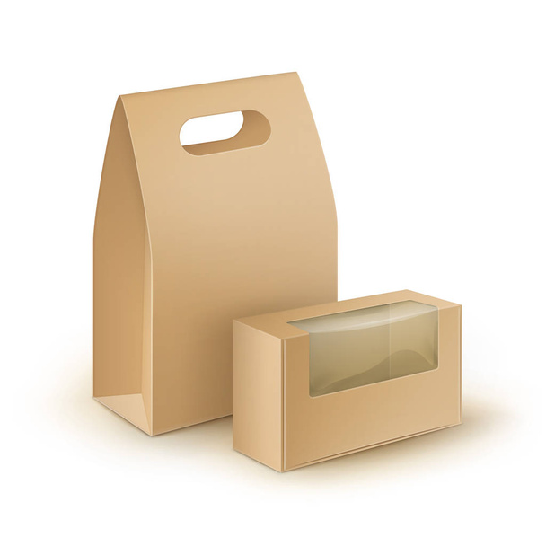 Векторный набор коричневый пустой картонный прямоугольник Унести ручка ланч коробки Упаковка для бутербродов, продуктов питания, подарков, других продуктов с пластиковыми окнами макет до крупным планом изолированы на белом фоне
 - Вектор,изображение
