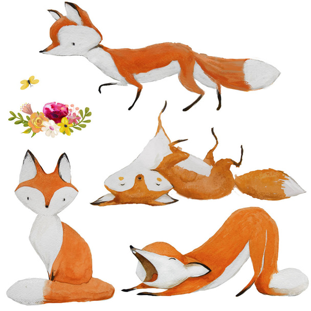 set with cute watercolor fox - Photo, Image