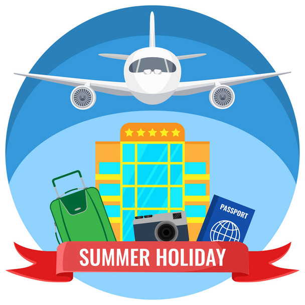 Summer holiday posters with travelling accessories, plane flying - Vektor, obrázek