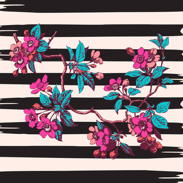 Branche dessinée à la main rose sakura vintage imprimé sur rayures w
 - Vecteur, image