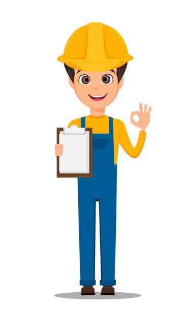 Constructor worker. Handsome builder holding clipboard and showing OK sign. Cute cartoon character. Vector illustration. - Vector, Image