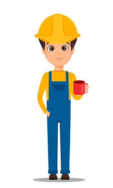 コンス トラクターの労働者。ハンサムなビルダーは一杯のコーヒーを保持しています。かわいい漫画のキャラクター。ベクトル図. - ベクター画像