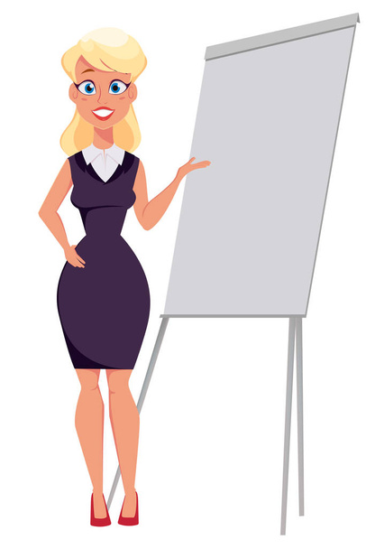 Young cartoon businesswoman standing near office board making presentation. Beautiful girl presenting business plan, startup. Vector illustration. EPS10 - Vector, Image