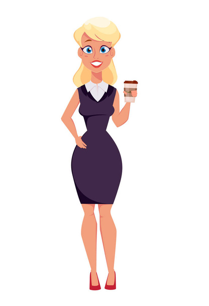 Young cartoon businesswoman standing with coffee while coffee break. Beautiful girl. Vector illustration. EPS10 - Vector, Image