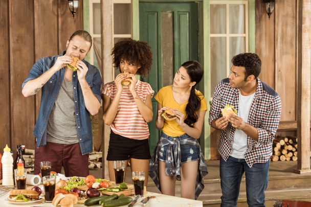 1 multi-etnisch vrienden eten hamburgers op picnic - Foto, afbeelding