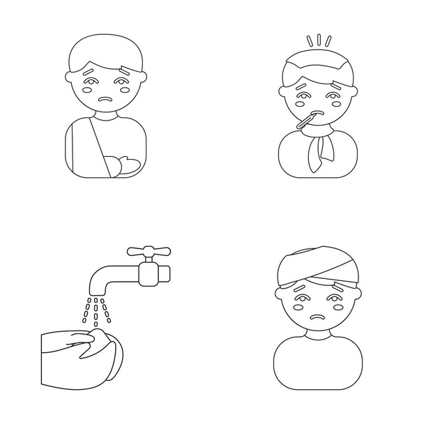 A man with a broken arm in a cast, a patient with a thermometer in his mouth in a scarf, hands under a stream of water, wash, a boy with a bandaged head bandage. Sick set collection icons in outline - Vetor, Imagem