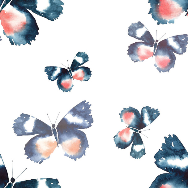 Beautiful cute sophisticated magnificent wonderful tender gentle spring colorful butterflies pattern watercolor hand illustration - Fotoğraf, Görsel