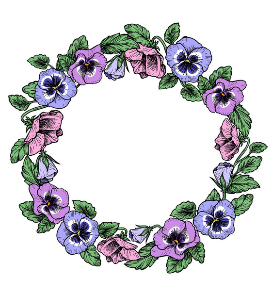 Cadre de fleurs botaniques vintage. Violette, couronne de pansy
. - Vecteur, image