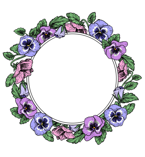 Frame of vintage botanical flowers. Violet, pansy wreath. - Вектор, зображення