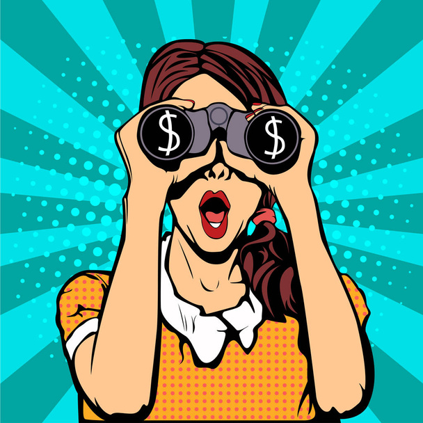 Financial monitoring of currency dollar businessman binoculars pop art retro style. Sexy surprised woman with open mouth. Colorful vector background in pop art retro comic style. - Vector, Image