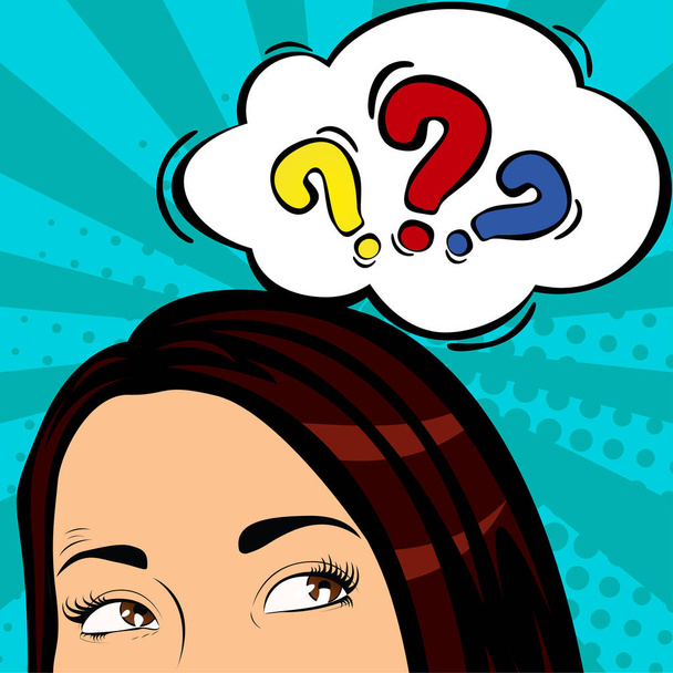 Surprised and shocked woman in pop art comics style with question word bubble. Question sing in comic style - Vector, Image