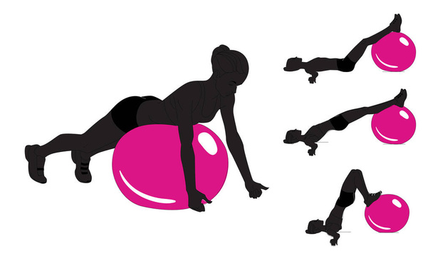 Het meisje doet sport oefeningen met een fitness bal. Opeenvolging van bewegingen - Vector, afbeelding