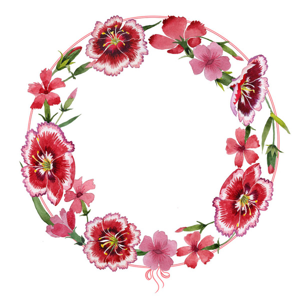 Wildflower carnation flower wreath in a watercolor style isolated. - Photo, image
