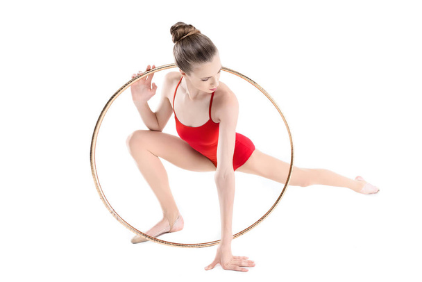 rhythmic gymnast training with hoop - Photo, Image