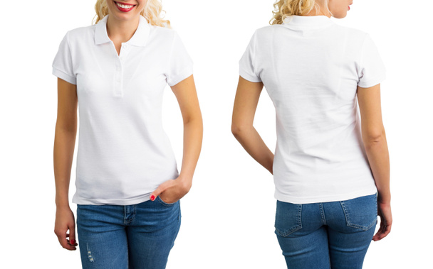 Жінка в білій сорочці поло, спереду і ззаду
 - Фото, зображення