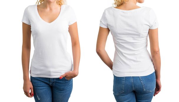 Женщина в белой футболке V-образного выреза, спереди и сзади
 - Фото, изображение