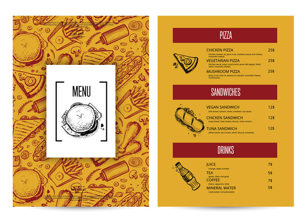Creative fast food menu with hand drawn graphic - Vector, Imagen