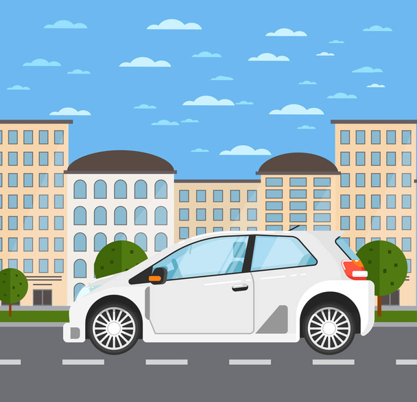 Family universal car in urban landscape - Vector, Image