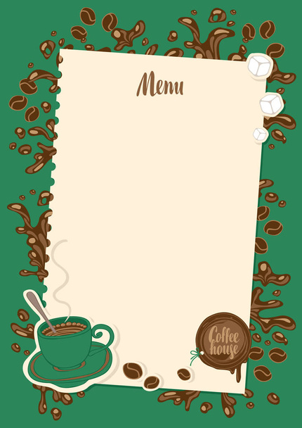 coffee menu with cup, sugar and sheet of paper - Vektor, kép