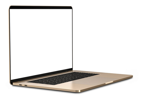 Laptop with blank screen isolated on white background, gold aluminium body.Whole  in focus. High detailed. - Zdjęcie, obraz