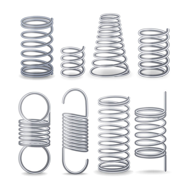 Spiral Flexible Wire. Springs Of Compression, Tension And Torsion. Set Resilient Metal Wire Parts. Different Types Flexible Spiral Elements. - Vector, Image