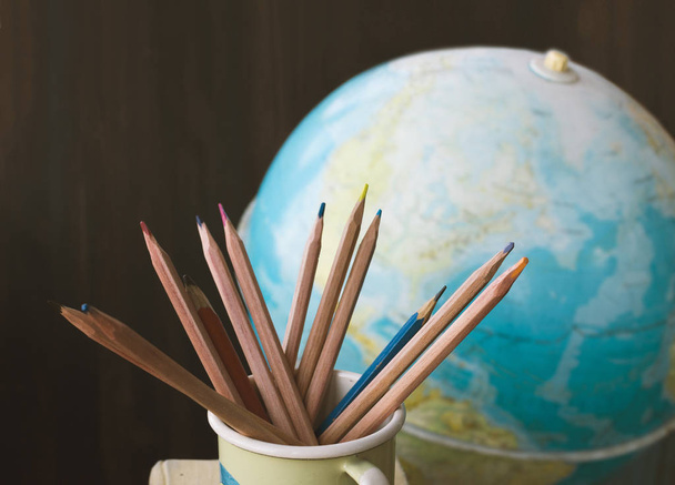 Pencils and school globe, back to school background, education, geography - Fotografie, Obrázek