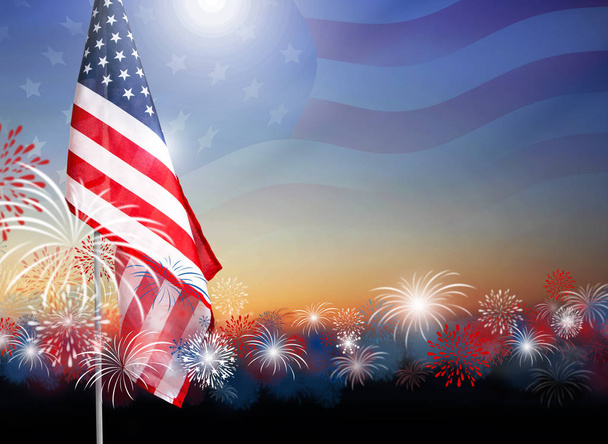 American flag with fireworks at twilight background design for 4 july independence day or other celebration - Photo, Image