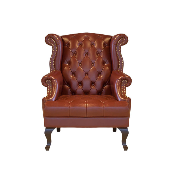 Brązowy klasyczny fotel sofa kanapa w vintage pokoju na na białym tle ze ścieżką przycinającą. - Zdjęcie, obraz