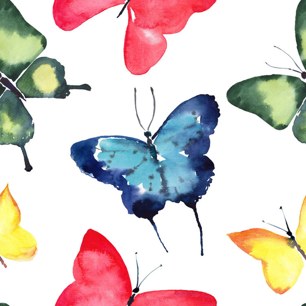 Beautiful cute sophisticated magnificent wonderful tender gentle spring blue green red yellow butterflies pattern watercolor hand illustration - Fotoğraf, Görsel