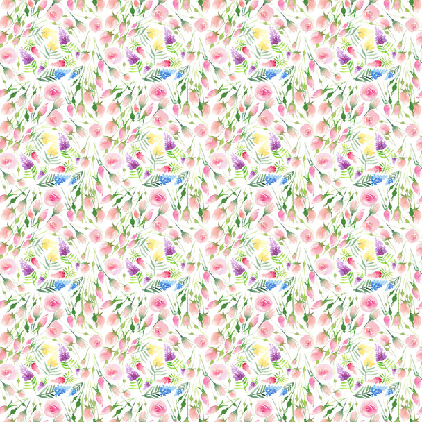 Tender delicate cute elegant lovely floral colorful spring summer red, blue, purple and yellow wildflowers and pink roses with green leaves pattern watercolor hand illustration - Foto, afbeelding