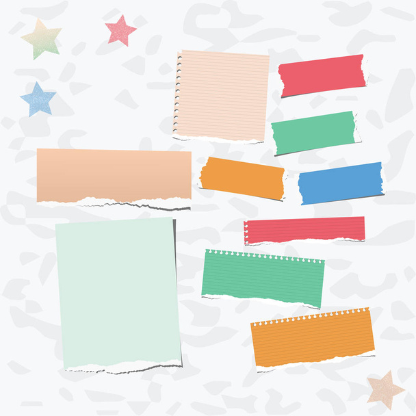 Ripped colorful note, notebook, copybook paper strips stuck on gray background. - Vector, Image