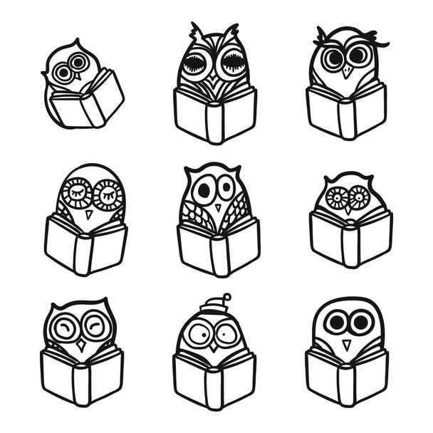 Owls hand drawn set - Vector, imagen