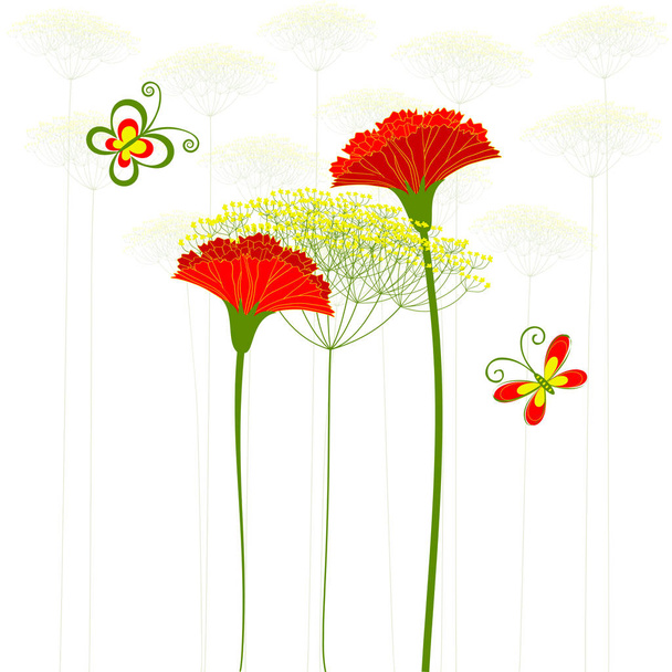 rote Nelkenblume, Löwenzahn und Schmetterling Hintergrund - Vektor, Bild