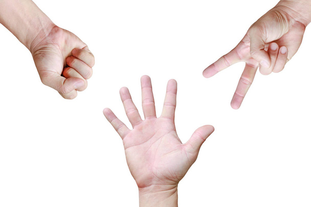 Close-up Rock ,Paper ,Scissors - hands isolated on white background. - 写真・画像