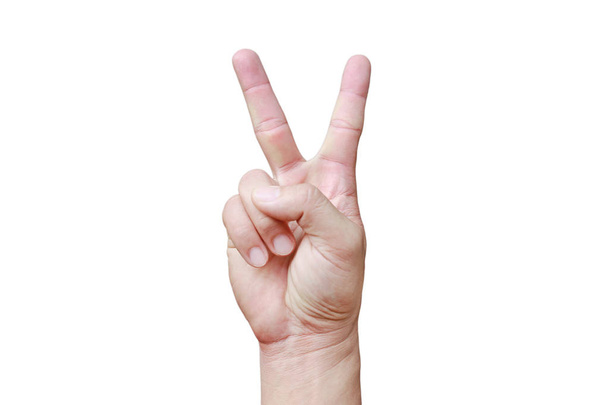 A hand shows in signal of scissors on white background. Hand with two fingers up in the peace or victory symbol. Also the sign for the letter V in sign language. - Photo, image