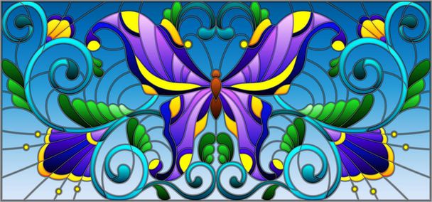 Illustration in stained glass style with bright butterfly and floral ornament on a sky background - Vector, Image