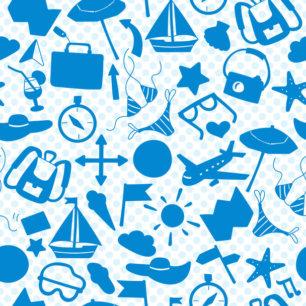 Seamless pattern on the theme of summer holidays in hot countries, the blue outlines of the icons on the background polka dot - Vettoriali, immagini