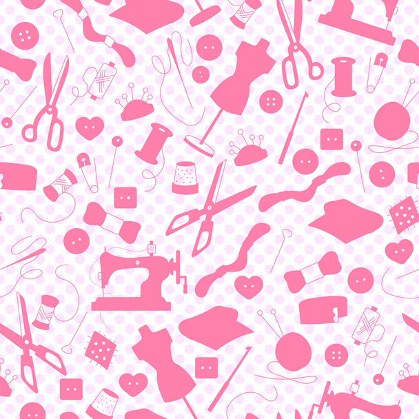 Seamless pattern on the theme of needlework and sewing , pink silhouettes of icons on a light background polka dot - Vecteur, image