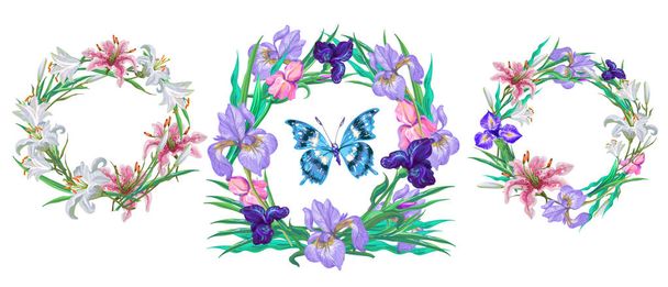 romantic floral collection of wreaths with butterfly for your design. - Vector, afbeelding