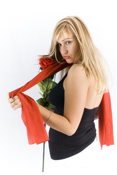 Lovely woman with rose and red scarf isolated on white - Фото, зображення