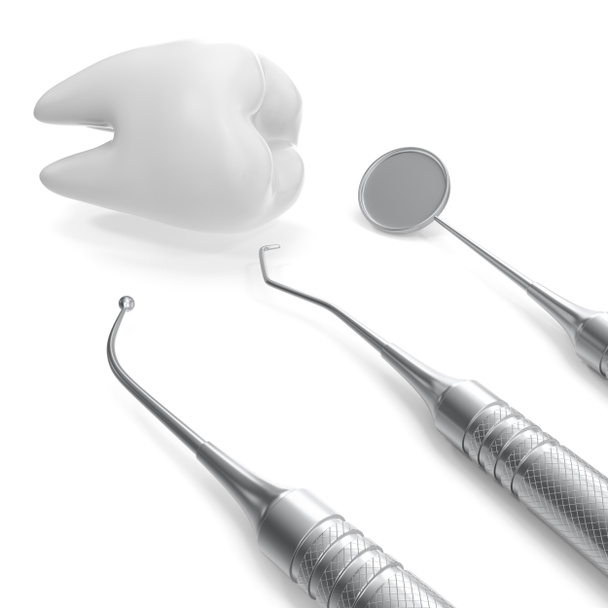 Dental set, peili, koetin, hammas, käsite hoito eristetty valkoisella pohjalla, 3D renderöinti
 - Valokuva, kuva