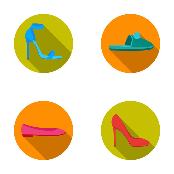Blue high-heeled sandals, homemade lilac slippers with a pampon, pink women s ballet flats, brown high-heeled shoes. Shoes set collection icons in flat style vector symbol stock illustration web. - Vecteur, image