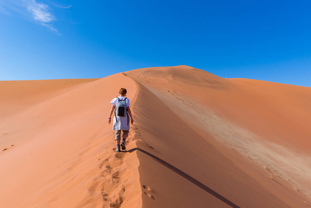 Туристичні прогулянки на мальовничому дюн Sossusvlei, Наміб, Namib Naukluft Національний парк, Намібії. Світло вдень. Пригода і розвідку в Африці. - Фото, зображення