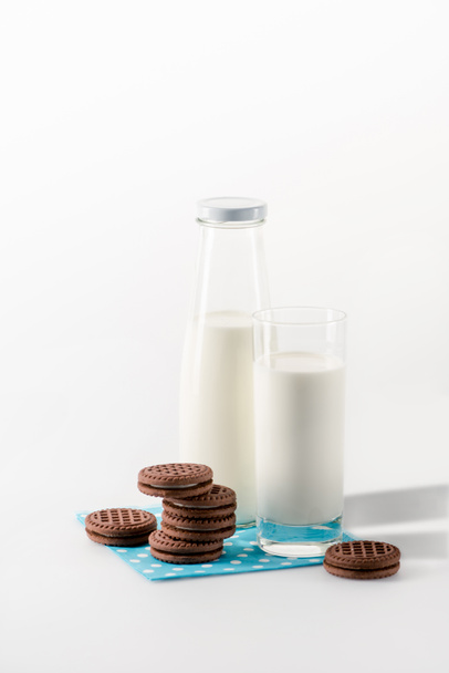 milk in glass and bottle with cookies - Фото, зображення
