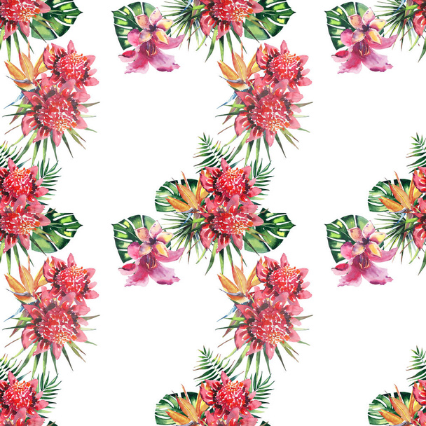 Όμορφο φωτεινό υπέροχο πολύχρωμο τροπικό Χαβάη φλοράλ καλοκαίρι φυτικό μοτίβο του τροπικού λουλούδια ιβίσκου ορχιδέες και παλάμες φύλλα ακουαρέλας χέρι σκίτσο - Φωτογραφία, εικόνα