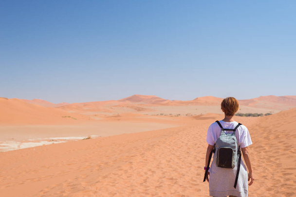 Turistické chůzi na malebných dun Sossusvlei, Namibská poušť Namib Naukluft národní Park, Namibie. Dobrodružství a zkoumání v Africe. - Fotografie, Obrázek
