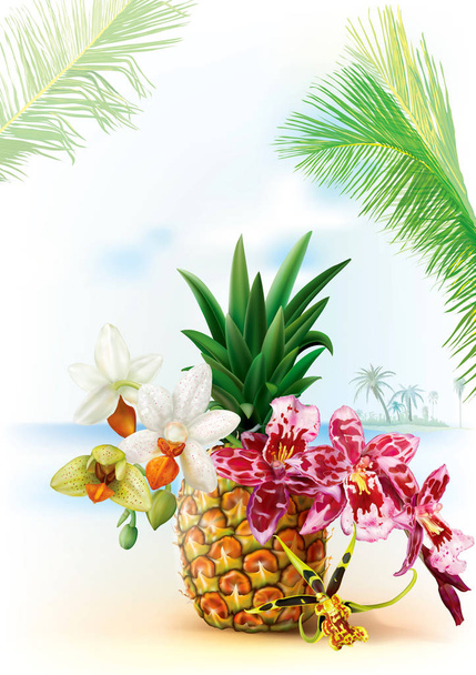 Pinapple with orchid flowers - Vector, Image