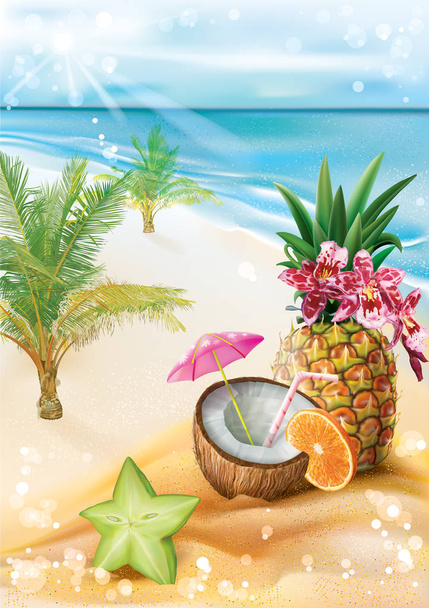 Exotic cocktail on a summer tropical beach - Vector, Image