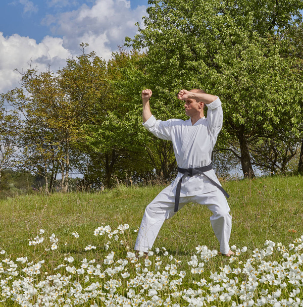 Na zelené trávě sportovec trénuje bloky s rukama  - Fotografie, Obrázek